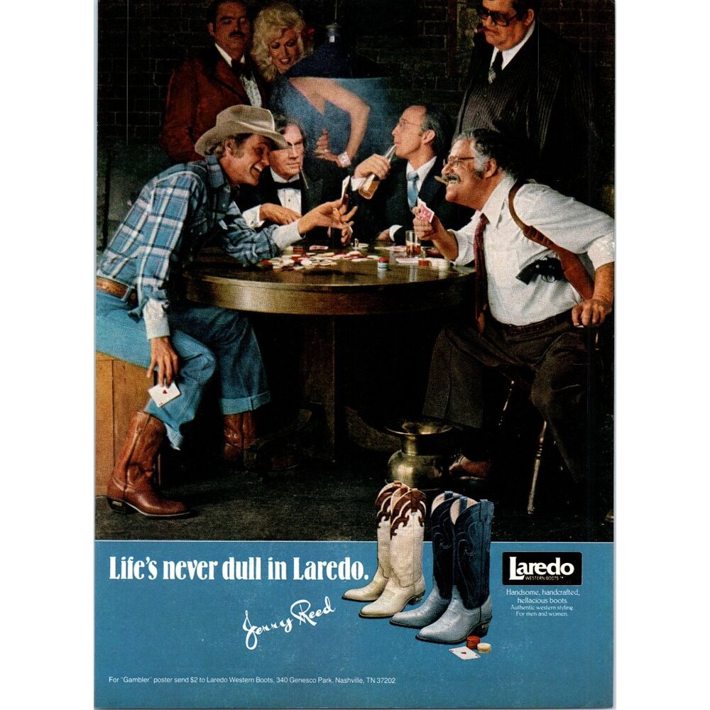 1981 Laredo Western Cowboy Boots Jerry Reed Poker Game Vintage Print Ad Wall Art